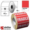 Pre-printed FRAGILE labels, rolls of 2000 pieces, 92x33 cm, red color with white writing, permanent glue