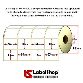 Rouleau de 10 000 étiquettes adhésives, 24 x 18 mm, thermiques, 4 pistes, mandrin de 40 mm