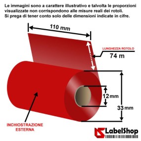 RED Ribbon 110x74 ink out WAX RESIN - RED CERA RESINA colored carbon ribbon for thermal transfer printing