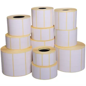 Rollo de 2000 etiquetas redondas adhesivas, diámetro 44 mm, doble fila, papel vellum, transferencia térmica.