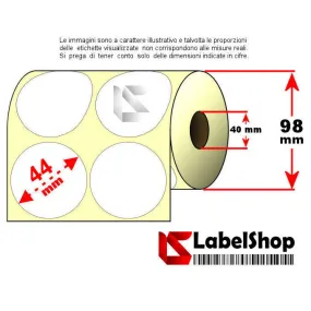 Rollo de 2000 etiquetas redondas adhesivas, diámetro 44 mm, doble fila, papel vellum, transferencia térmica.