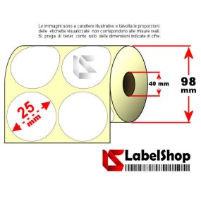 Rollo de 3000 etiquetas adhesivas circulares de papel vellum, 25 mm de diámetro, doble fila, adhesivo permanente.