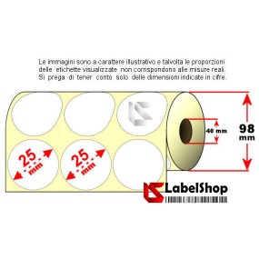 Rolle mit 4500 runden Klebeetiketten, 25 mm Durchmesser, thermisch, 40 mm Loch, permanent klebend, 3-spurig