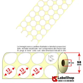 Etiquetas adhesivas redondas, 13 mm de diámetro, papel vellum, 4 filas paralelas, transferencia térmica.