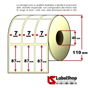 Rouleau d'étiquettes adhésives thermiques 7 x 87 mm, mandrin de 40 pistes