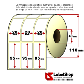 Roll of 1500 adhesive labels mm 20x95 Thermal 3 tracks core 40