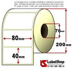 Rouleau industriel de 3800 étiquettes adhésives 80 x 40 mm, perforation thermique 76