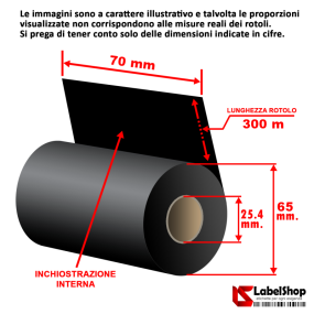 Cinta de 70 mm x 300 m. Tinta IN WAX, cera enriquecida para impresión por transferencia térmica.