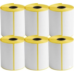 Lot de 6 rouleaux de 215 étiquettes en papier vellum 100 x 100 mm, perforation 25 mm, soit 1290 étiquettes au total.