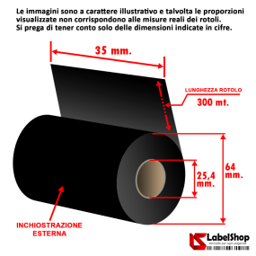 Indelible textile ribbon, 35 mm x 300 m, ink-out - Resin-based carbon ribbon for textyle and stonewash - Ricoh D110A