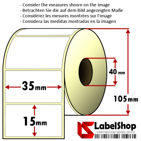 Roll of 3000 adhesive labels in thermal paper - 35x15 mm - core 40