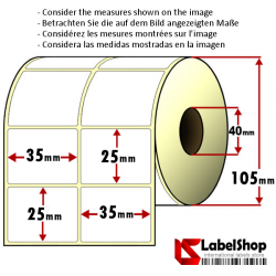 4000 Thermo-Haftetiketten auf Rolle 35x25 mm, 2 Bahnen, Innenkern 40