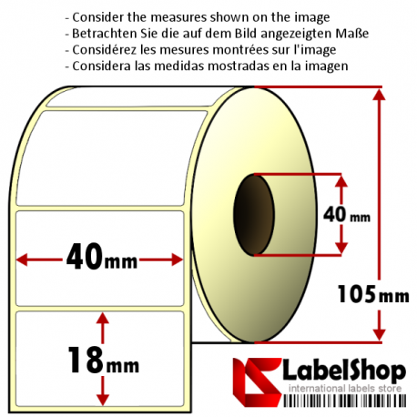 Thermo-Haftetiketten auf Rolle zu 2500 Stück, 40x18 mm, 1 Bahn, Innenkern 40 