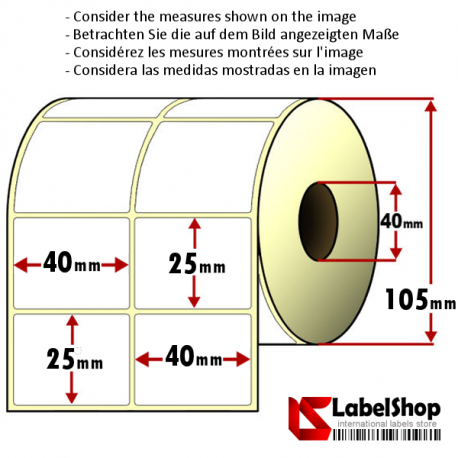 Rollo de 4000 etiquetas adhesivas termicas mm 40x25 2 Pistas núcleo 40