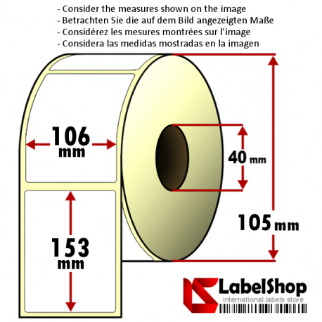 Thermo-Haftetiketten auf Rolle zu 350 Stück, 106x153 mm, 1 Bahn, Innenkern 40 