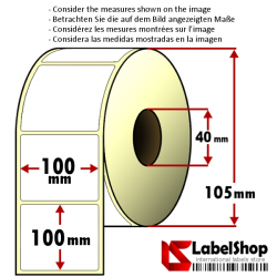 Thermo-Haftetiketten auf Rolle zu 500 Stück, 100x100 mm, 1 Bahn, Innenkern 40 