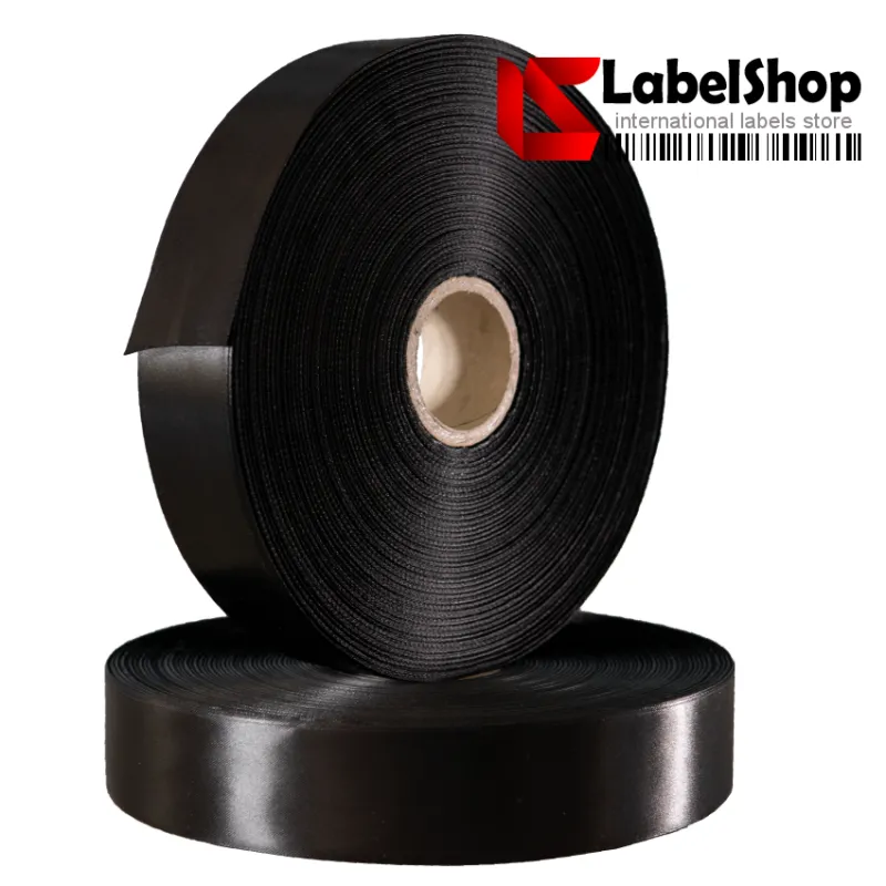 Black satin ribbon roll for textile labels, compositions and washing symbols