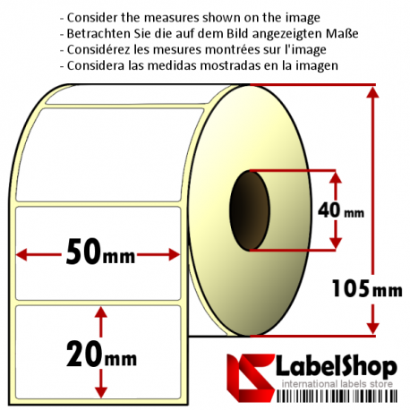 Thermo-Haftetiketten auf Rolle zu 2000 Stück, 50x20 mm, 1 Bahn, Innenkern 40 