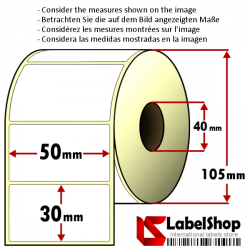 1800 Thermo-Haftetiketten auf Rolle 50x30 mm, 1 Bahn, Innenkern 40