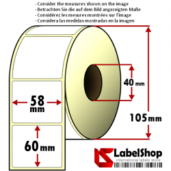 750 Thermo-Haftetiketten auf Rolle 58x60 mm, 1 Bahn, Innenkern 40