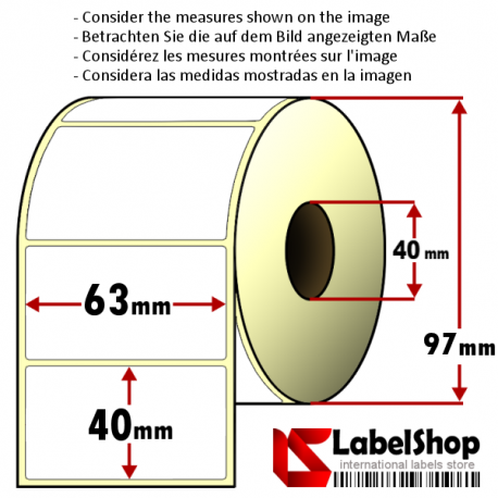 Thermo-Haftetiketten auf Rolle zu 1000 Stück, 63x40 mm, 1 Bahn, Innenkern 40 