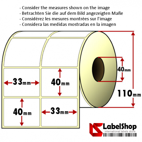 Rollo de 3000 etiquetas adhesivas de papel vélin para impresión por transferencia térmica mm 33x40 2 Pistas núcleo 40