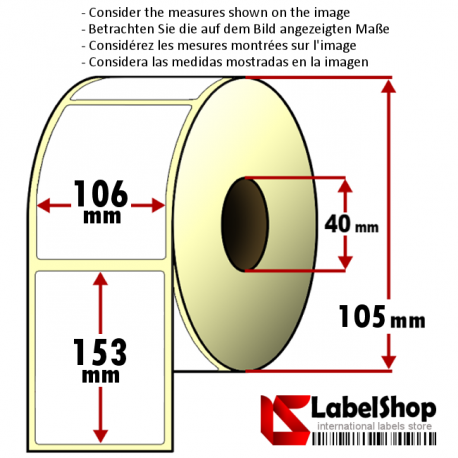 Rollo de 350 etiquetas adhesivas de papel vélin para impresión por transferencia térmica mm 106x153 1 Pista núcleo 40