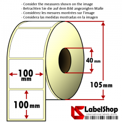 Rollo de 500 etiquetas adhesivas de papel vélin para impresión por transferencia térmica mm 100x100 1 Pista núcleo 40