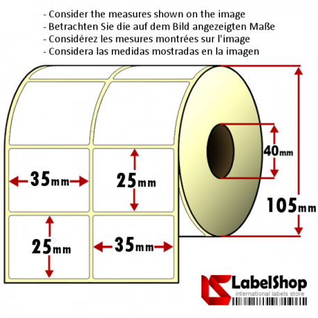 Rollo de 6000 etiquetas adhesivas de papel vélin para impresión por transferencia térmica mm 35x25 2 Pistas núcleo 40