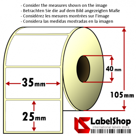 Rollo de 2000 etiquetas adhesivas de para impresión por transferencia térmica mm 35x25 1 Pista núcleo 40