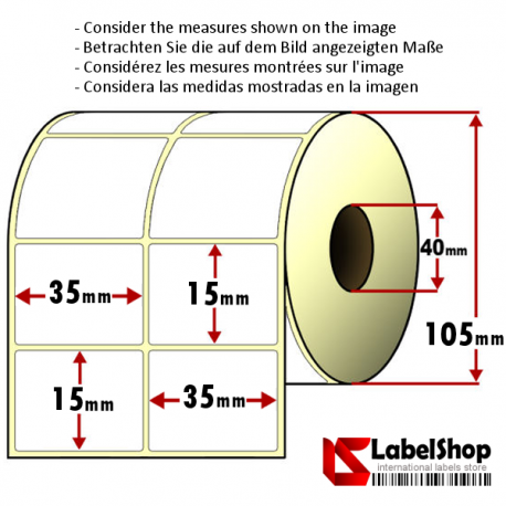 Rollo de 6000 etiquetas adhesivas de papel vélin para impresión por transferencia térmica mm 35x15 2 Pistas núcleo 40
