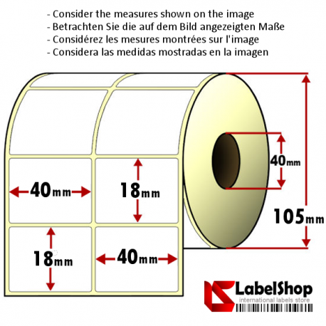 Rollo de 5000 etiquetas adhesivas de papel vélin para impresión por transferencia térmica mm 40x18 2 Pistas núcleo 40