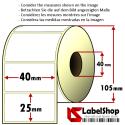 Roll of 2000 40X25 mm thermal transfer paper - vellum paper adhesive labels -1 row/ core 40