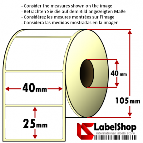 Rollo de 2000 etiquetas adhesivas de papel vélin para impresión por transferencia térmica mm 40x25 1 Pista núcleo 40