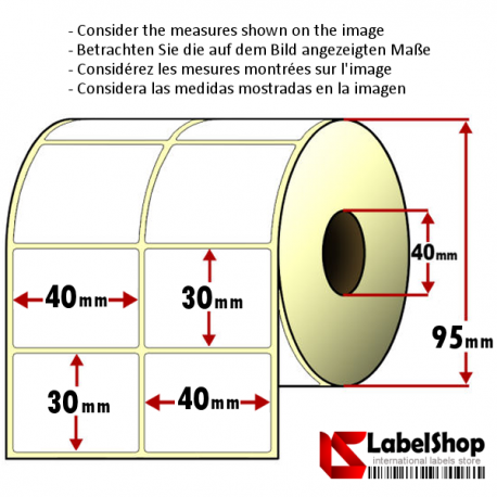 Rollo de 2500 etiquetas adhesivas de papel vélin para impresión por transferencia térmica mm 40x30 2 Pistas núcleo 40