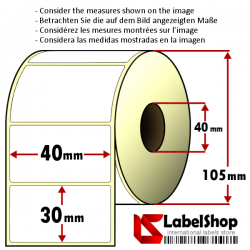 Rollo de 1800 etiquetas adhesivas de papel vélin para impresión por transferencia térmica mm 40x30 1 Pista núcleo 40