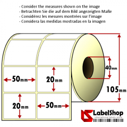 Roll of 4000 50x20 mm thermal transfer paper - vellum paper adhesive labels -2 rows/ core 40