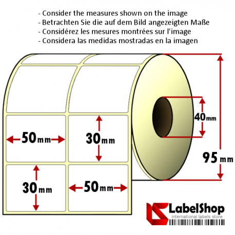 Rollo de 2500 etiquetas adhesivas de papel vélin para impresión por transferencia térmica mm 50x30 2 Pistas núcleo 40