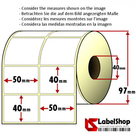 Rollo de 2000 etiquetas adhesivas de papel vélin para impresión por transferencia térmica mm 50x40 2 Pistas núcleo 40
