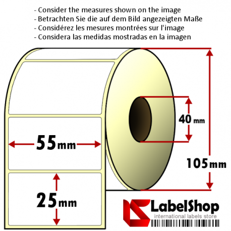 Rollo de 2000 etiquetas adhesivas de papel vélin para impresión por transferencia térmica mm 55x25 1 Pista núcleo 40