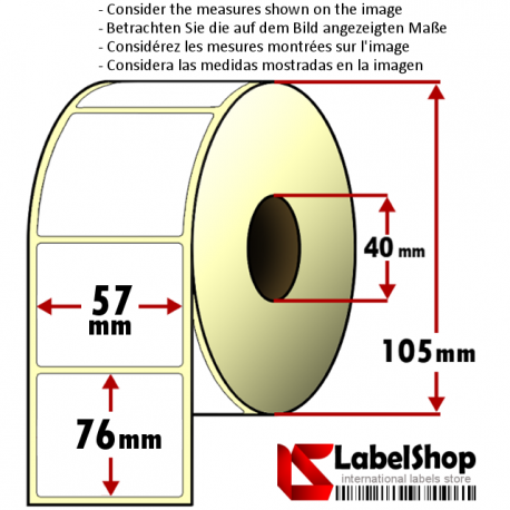 Rollo de 700 etiquetas adhesivas de papel vélin para impresión por transferencia térmica mm 57x76 1 Pista núcleo 40