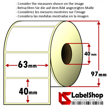 Rollo de 1000 etiquetas adhesivas de papel vélin para impresión por transferencia térmica mm 63x40 1 Pista núcleo 40