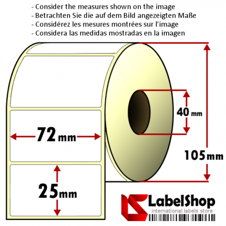 Rollo de 2000 etiquetas adhesivas de papel vélin para impresión por transferencia térmica mm 72x25 1 Pista núcleo 40