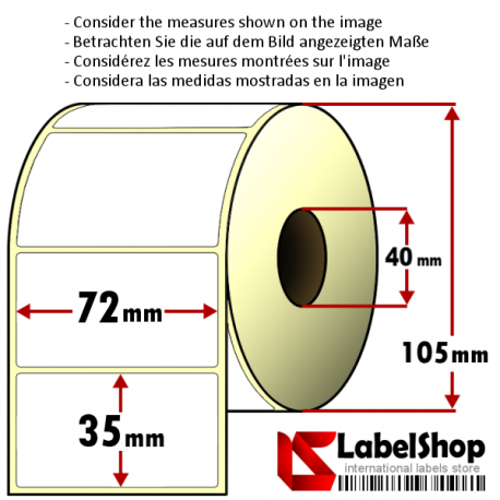Rollo de 1500 etiquetas adhesivas de papel vélin para impresión por transferencia térmica mm 72x35 1 Pista núcleo 40