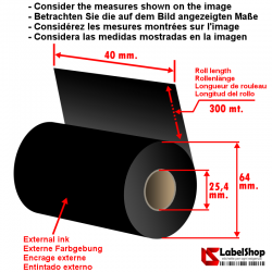 Rollo de cinta - ribbon indeleble textile H 40 mm x 300 m ink out.