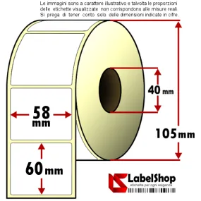 Rouleau de 750 étiquettes adhésives thermiques 58 x 60 mm, mandrin 1 piste, 40