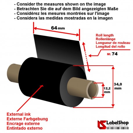 Farbband schwarz Ribbon Wachs Harz Thermotransfer Polyamid Satin auf Rolle