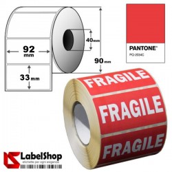 Etiquetas adhesivas de expedición mención frágil en rollos de 2000 de color rojo con letras blancas - 92x33