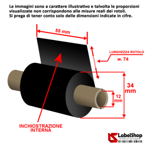 Cinta de 55 mm x 74 m.  cera tinta interna para impresión por transferencia térmica.